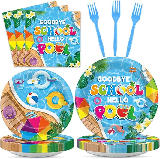 96Pcs Goodbye School Hello Pool Plates and Napkins End of School Year Party Decorations School's Out Pool Dessert Disposable Plates Summer Tableware Set for Graduation Preschool Party Supplies