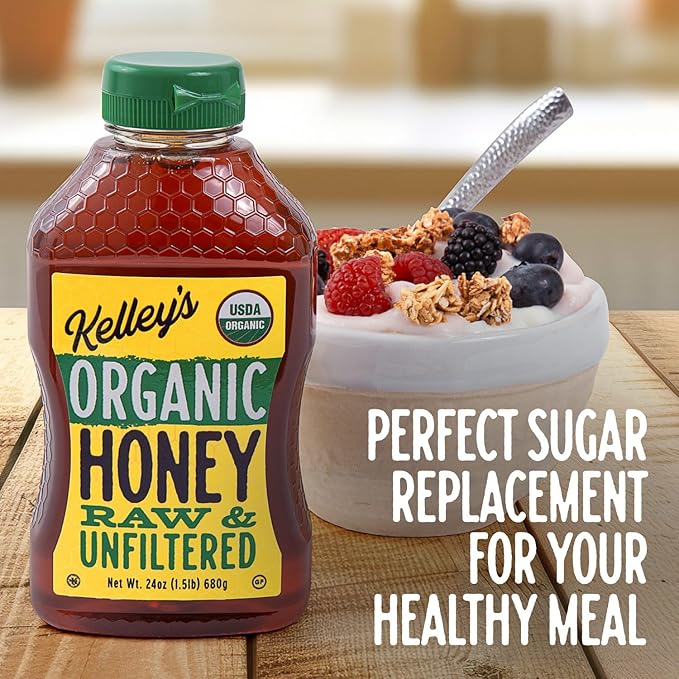 Kelley's 100% Organic Raw & Unfiltered Honey, USDA Certified, 24 Oz – All Natural, Flavor-Rich Honey for Fruits, Yogurt, Smoothies, Acai Bowls, Tea – Natural Sugar Substitute
