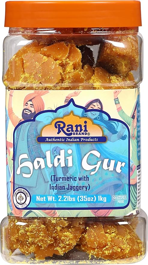 Rani Haldi Gur (Turmeric with Indian Jaggery) Indian Unrefined Raw Cane Sugar 35oz (2.2lbs) 1kg PET Jar ~ Gluten Friendly | Vegan | NON-GMO | Kosher | No Salt or fillers | Indian Product