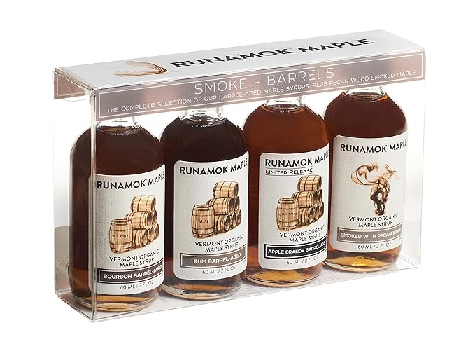 Runamok Organic Maple Syrup Sampler | Smoke + Barrels Vermont Maple Syrup Pairing Collection | 2 oz (4 count) | 60mL | Unique Smoked and Barrel Aged Maple Syrup I Real Maple Syrup