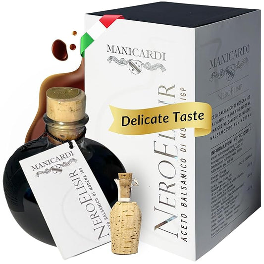MANICARDI Traditional Balsamic Vinegar of Modena PGI - Black Elisir with Drip-Stop Dispenser Perfect for Snacks, Pasta, Vegetables, Salad Dressings, Meat - Made in Italy, 8.45 Fl Oz (250 ml)