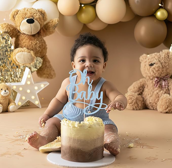 Oh Baby Cake Topper - Light Blue Glitter Baby Birthday Party Cake Decoration Supplies, for Baby Shower/Gender Reveal Party Photo Booth Props