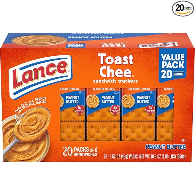Lance Sandwich Crackers, ToastChee Peanut Butter, 20 Individually Wrapped Packs, 6 Sandwiches Each