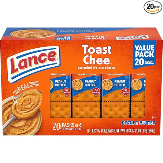 Lance Sandwich Crackers, ToastChee Peanut Butter, 20 Individually Wrapped Packs, 6 Sandwiches Each