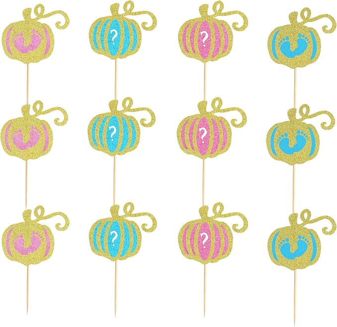 24Pcs Pumpkin Boy or Girl Cupcake Toppers Gender Reveal Cake Topper Pumpkin Cupcake Picks Baby Little Feet Cake Decorations for Fall Theme Baby Shower Kids Birthday Party Supplies