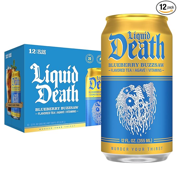 Liquid Death, Blueberry Buzzsaw Flavored Iced Tea, 12-Pack (12 oz Cans), Blueberry Flavored Black Tea, Low Calorie, No Artificial Sweeteners, B12 & B6 Vitamins