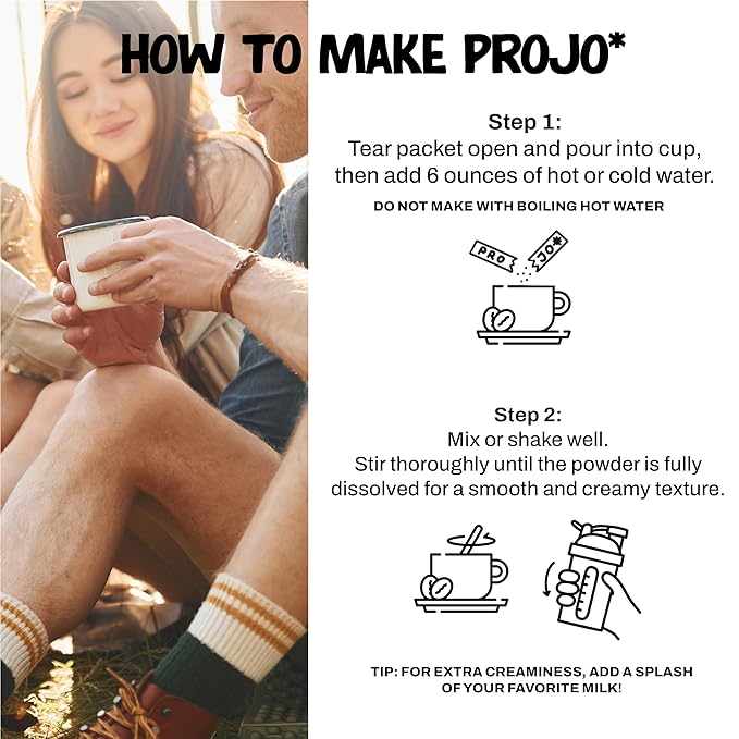 Projo* Power Coffee – Instant Coffee with 11g Protein – Grass-Fed Hydrolyzed Bovine Collagen & 175mg Caffeine, Organic, Variety - 1 Packet Each - Bold Black, Vanilla, Cinnamon, Caramel & Mocha Lattes
