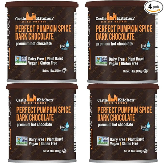 Castle Kitchen Pumpkin Spice Hot Chocolate (4 Pack,14 oz Ea.) - Dairy Free, Vegan Hot Cocoa Mix made With Decadent Dark Chocolate and Natural Flavors - Just Add Water - No Artificial Sweeteners