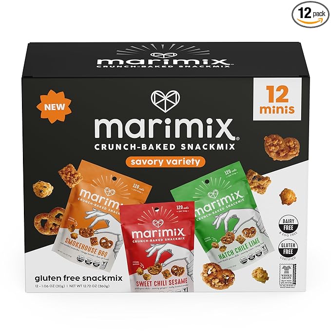 Marimix Snack Mix | Crunch Baked Sweet & Salty Savory Plant Based Naturally Gluten Free Whole Grain Fiber Charcuterie Pretzel Trail Party Mix | No Artificial Ingredients | 12 Count (Mini Savory Bundle)