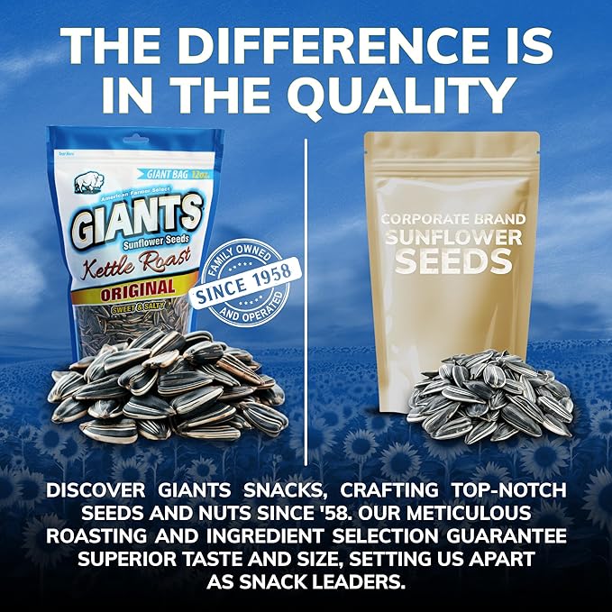 GIANTS Kettle Roast Sweet & Salty Sunflower Seeds - Sunflower Seeds Bulk, Sunflower Seed Snack to Eat, Roasted Sunflower Snack with 8g Protein Per Serving - 12 oz Bag