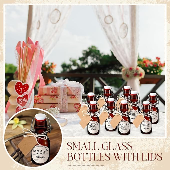 Vesici 12 Sets Swing Top Glass Bottles Set Amber Homemade Vanilla Extract Bottles with Stoppers Stickers Caps Jar Brush Funnel Rope Labels Vanilla Extract Jars for Holiday DIY Crafts (2 oz)