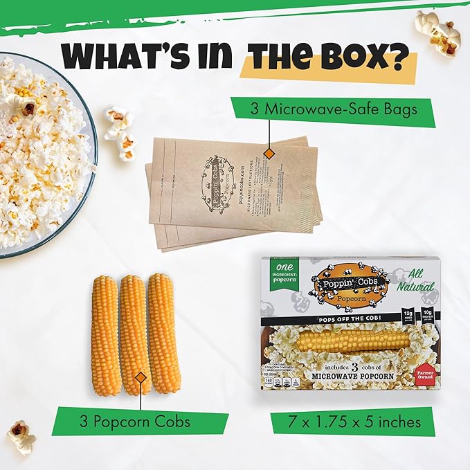 Poppin Cobs Microwave Popcorn on the Cob (3 PK) (Original) Whole Popcorn Kernels, Individually Wrapped Healthy Pop Corn on the Cob with Bags, Gluten Free Fun Snack Perfect for Movie Nights