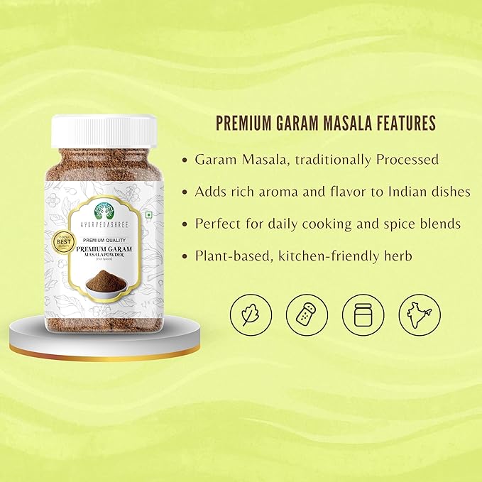 AYURVEDASHREE Premium Garam Masala 100gm PET Jar | All Natural | Salt-Free | Vegan | No Colors | NON-GMO| Indian Origin | Blend of 20 Premium Herbs & Spices