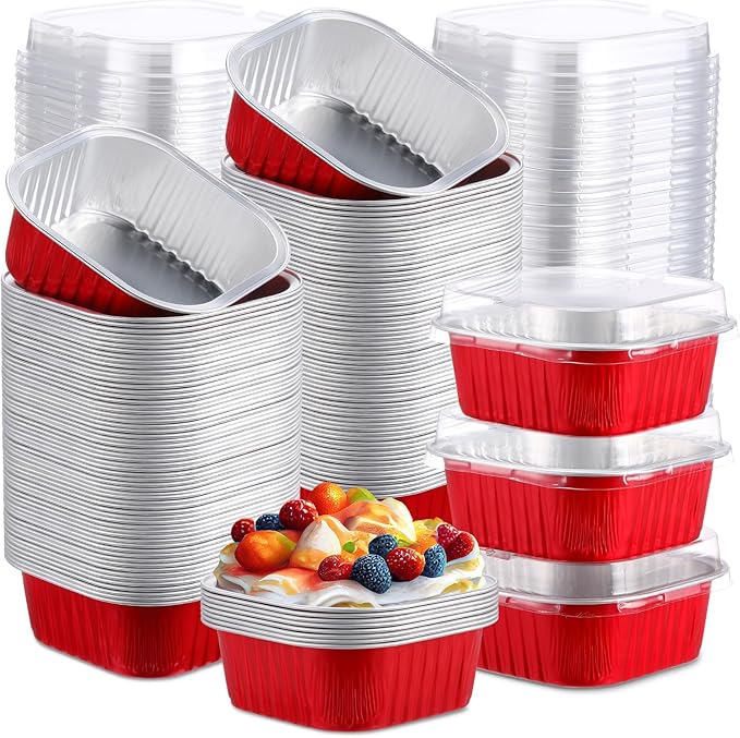 Aoriher 300 Pieces 10 oz Mini Cake Pans with Lids, Aluminum Foil Baking Cups, Square Disposable Cupcake Cups Baking Tins for Wedding Birthday Party Supplies(Red)