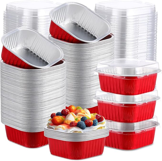 Aoriher 300 Pieces 10 oz Mini Cake Pans with Lids, Aluminum Foil Baking Cups, Square Disposable Cupcake Cups Baking Tins for Wedding Birthday Party Supplies(Red)