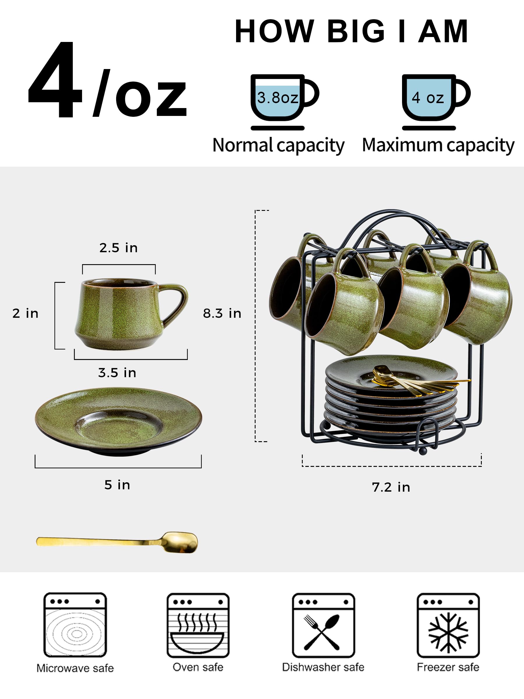 YHOSSEUN Ceramic Espresso Cups Set of 6, 4 Oz Expresso Shots Cup, Green