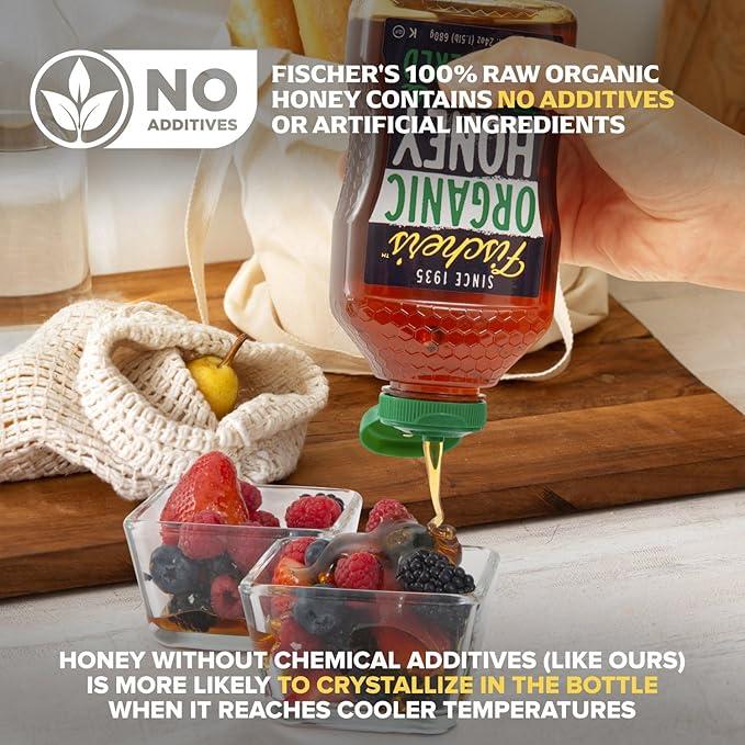 Fischer's 100% Organic Honey, USDA Certified, 24 Oz – Pure, Raw & Unfiltered Honey – All-Natural Sweetener – Rich Flavor Profile, Packed with Nutrients