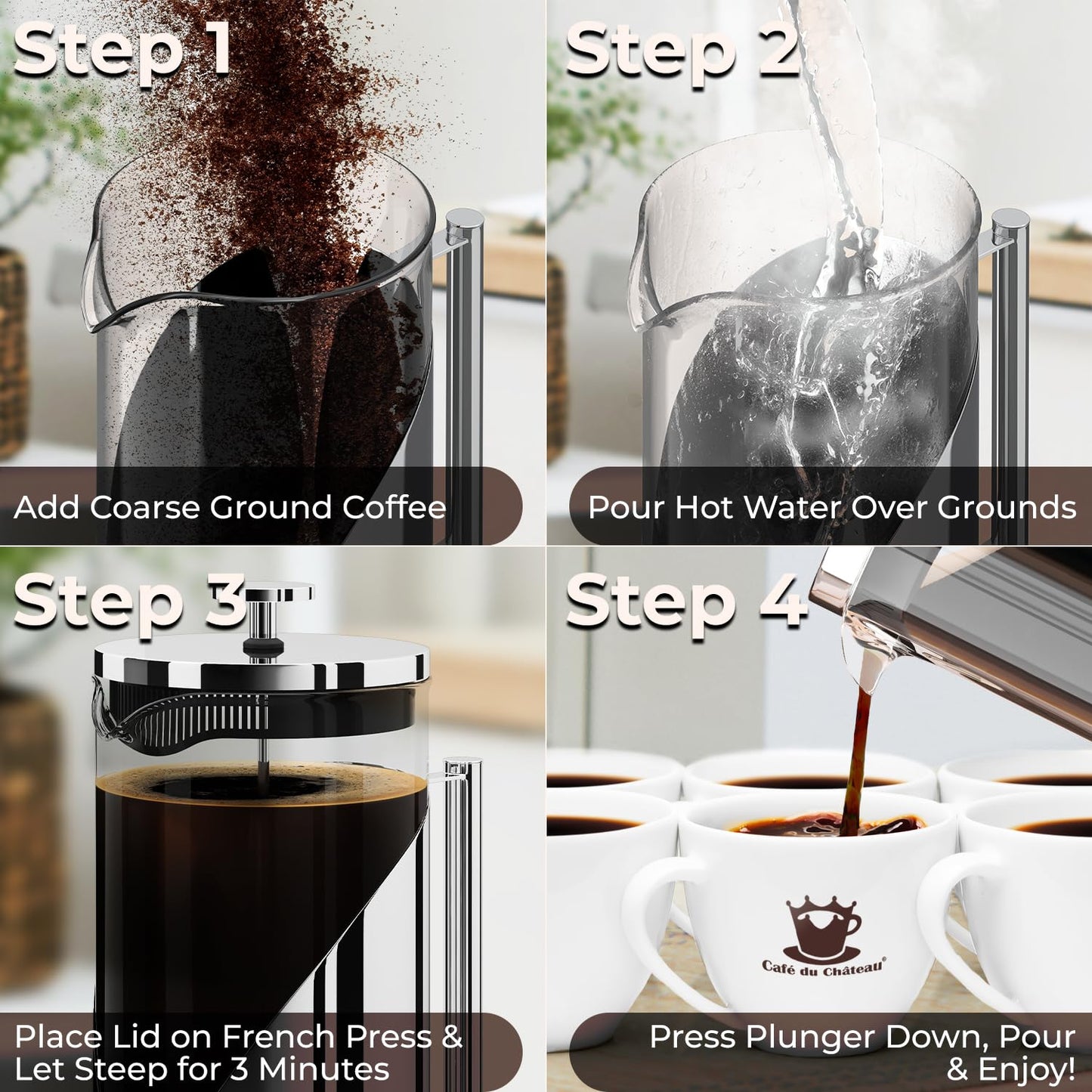 Cafe Du Chateau French Press Coffee Maker, 34 oz Glass, Stainless Steel