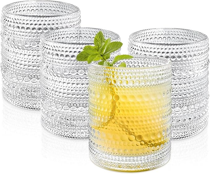 Set of 4 Vintage 12 oz Crystal Glasses, Old Fashioned Glass Cups for Water, Juice, Coffee, and Beer (Clear)