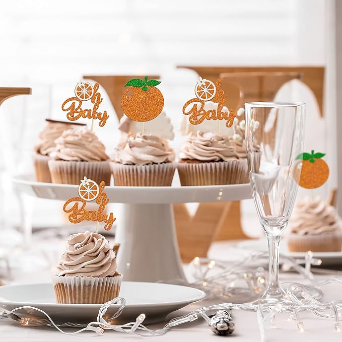 24Pcs Little Cutie Cupcake Toppers Glitter Orange Oh Baby Cupcake Picks Citrus Theme Baby Shower Decorations for Cutie Kids Birthday Party Baby Shower Gender Reveal Fruit Party Supplies