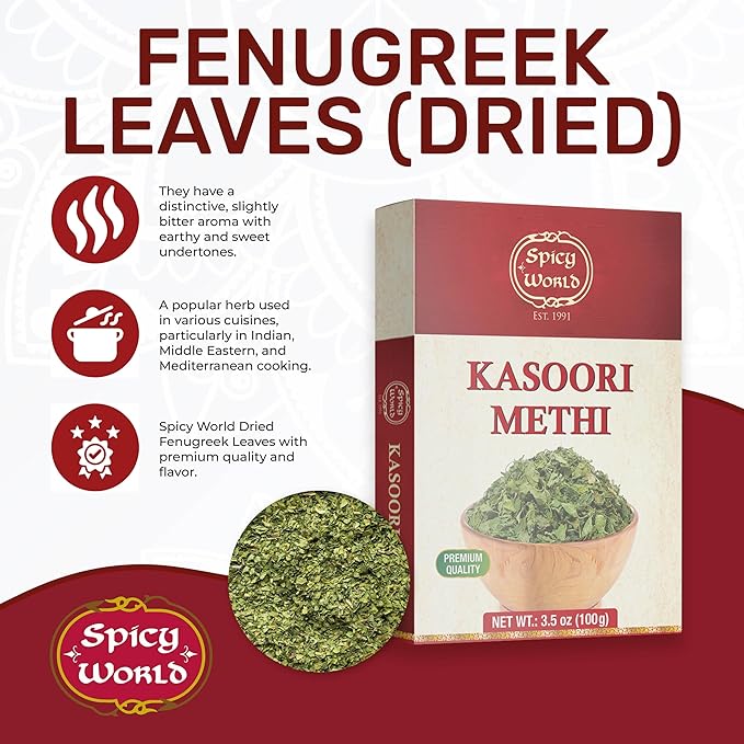 Spicy World Dried Fenugreek Leaves (Kasoori Methi) 3.5oz Box (100g) - All Natural | Vegan | Gluten Friendly | NON-GMO | Indian