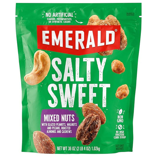 Emerald Salty Sweet Mixed Nuts (1-Pack) | 36oz Resealable Bulk Bag | Features Glazed Peanuts, Walnuts & Pecans, & Roasted Almonds & Cashews | No Artificial Flavors, Preservatives, or Synthetic Colors