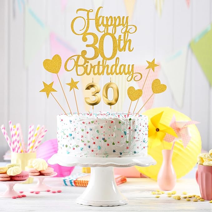30th Birthday Cake Toppers, 30th Birthday Candles Numeral Candles and Glitter Cake Decorations Toppers Set for Party Supplies (Gold)