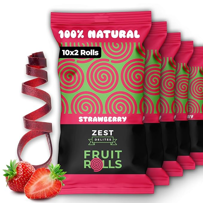 Fruit Rolls by Zest Delites, 100% Natural Healthy Fruit Snacks for Kids & Adults, Made from Real Strawberry Leather, Vegan, School Lunch Snack, A Twist on Strawberry Strips, 10 Packs