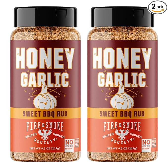 Fire & Smoke Society Honey Garlic BBQ Rub | Seasonings for Smoking and Grilling | Pulled Pork Ribs Chicken, Burgers, Dry Rubs and Spices | Honey Garlic, Brown | Large (2-Pack)