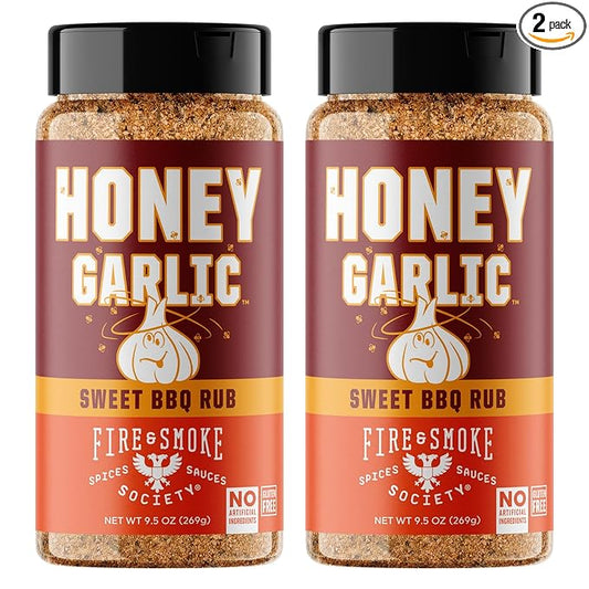 Fire & Smoke Society Honey Garlic BBQ Rub | Seasonings for Smoking and Grilling | Pulled Pork Ribs Chicken, Burgers, Dry Rubs and Spices | Honey Garlic, Brown | Large (2-Pack)