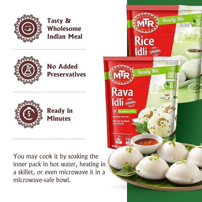 MTR Instant Assorted Mix - Ready to Cook Authentic Indian Breakfast, Lunch, Dinner or Snack Meal - No Added Preservatives - A Quick & Easy Recipe Suitable for Vegetarians - (Idli Mixes, Pack of 2)