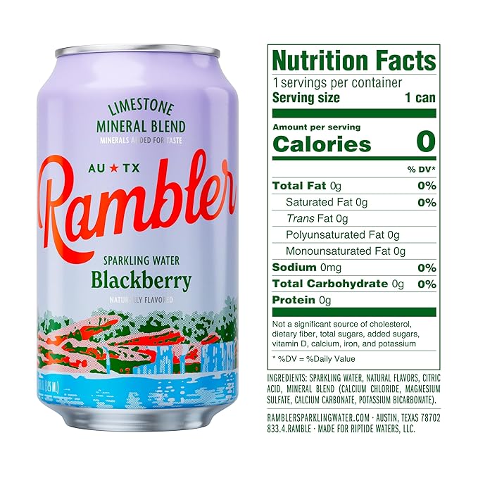 AUTX RAMBLER Sparkling Water, Texas Limestone Mineral Blend, Blackberry Flavor, 12-Ounce Cans, 12-Pack