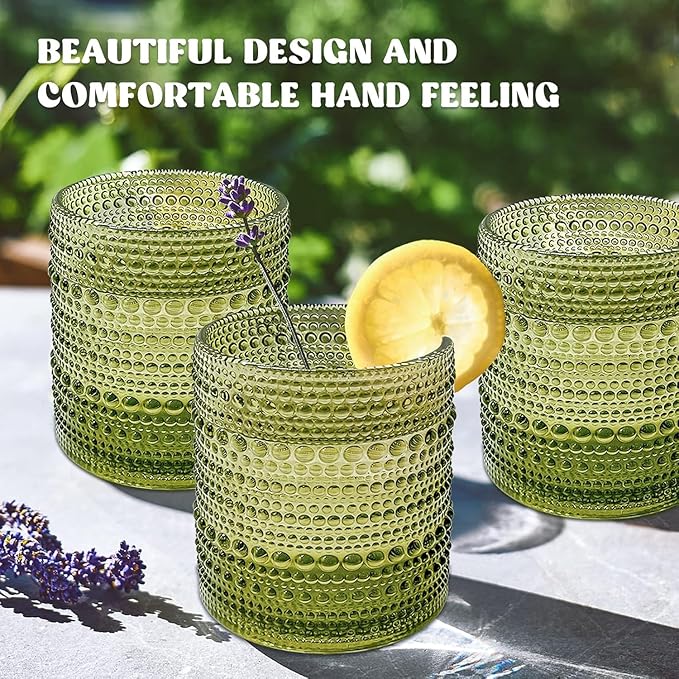 Set of 4 Vintage 12 oz Crystal Glasses, Old Fashioned Glass Cups for Water, Juice, Coffee, and Beer (Green)