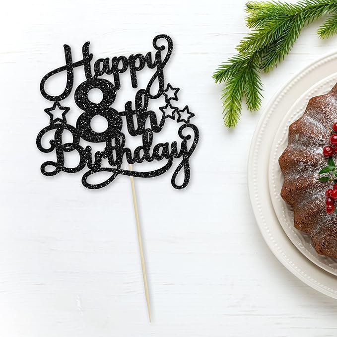 1 Pack Happy 8th Birthday Cake Topper Black Glitter 8th Birthday Cheers to 8 Years Old Birthday Cake Pick for Celebrating 8th Birthday Anniversary Party Cake Decorations Supplies