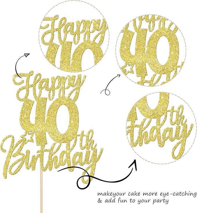 1 PCS Happy 40th Birthday Cake Topper Glitter Cheers to 40 Years Birthday Cake Pick Forty Hello 40 Fabulous Cake Decoration for Happy 40th Birthday Anniversary Party Decorations Supplies Gold