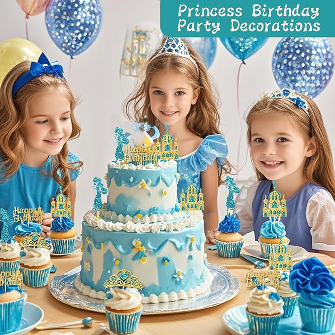 24Pcs Lake Blue Princess Cupcake Topper Glitter Castle Gold Happy Birthday Cupcake Toppers Crown Cake Decorations for Princess Birthday Baby Shower Costume Halloween Party Decor
