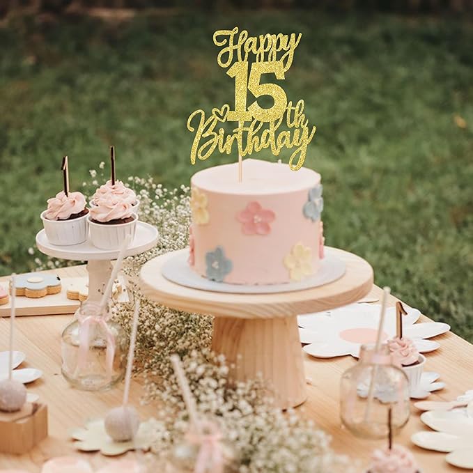 1 PCS Happy 15th Birthday Cake Topper Glitter Cheers to 15 Years Birthday Cake Pick Sweet 15 Fabulous Cake Decoration for Happy 15th Birthday Anniversary Theme Party Decorations Supplies Gold