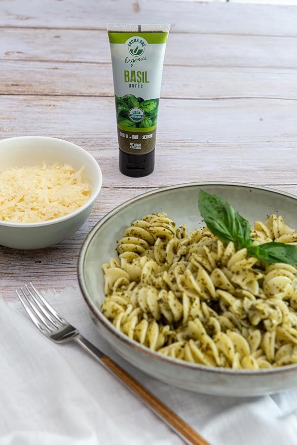 Aroma One Basil Puree Paste - Organic Herb Concentrate for Cooking, Seasoning & Sauces - Fresh Flavor Enhancer, Non-GMO, Gluten-Free, Vegan - Easy Squeeze Tube, Kitchen Must-Have - 80g (2-Pack)