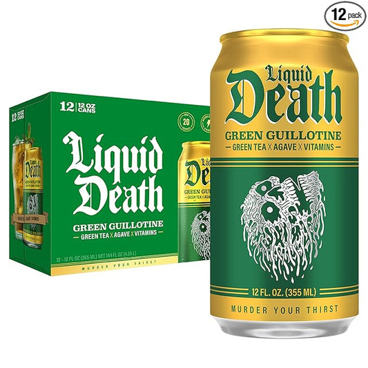 Liquid Death, Green Guillotine Iced Tea, 12-Pack (12 oz Cans), Green Tea, Low Calorie, No Artificial Sweeteners, B12 & B6 Vitamins