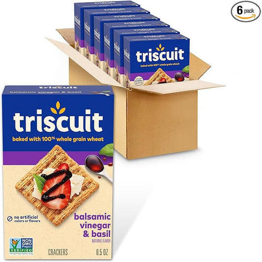 Triscuit Balsamic Vinegar & Basil Whole Grain Wheat Crackers, Lunch Snacks, Bulk Snack Crackers, 6 - 8.5 oz Boxes