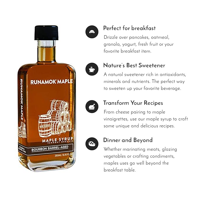 Runamok Organic Bourbon Barrel Aged Maple Syrup - Vermont Maple Syrup, Pure Maple Syrup for Cocktails, Cheese Pairing & Perfect To Be Used As Pancake Syrup, Maple Syrup Organic | 8.45 Fl Oz (250mL)