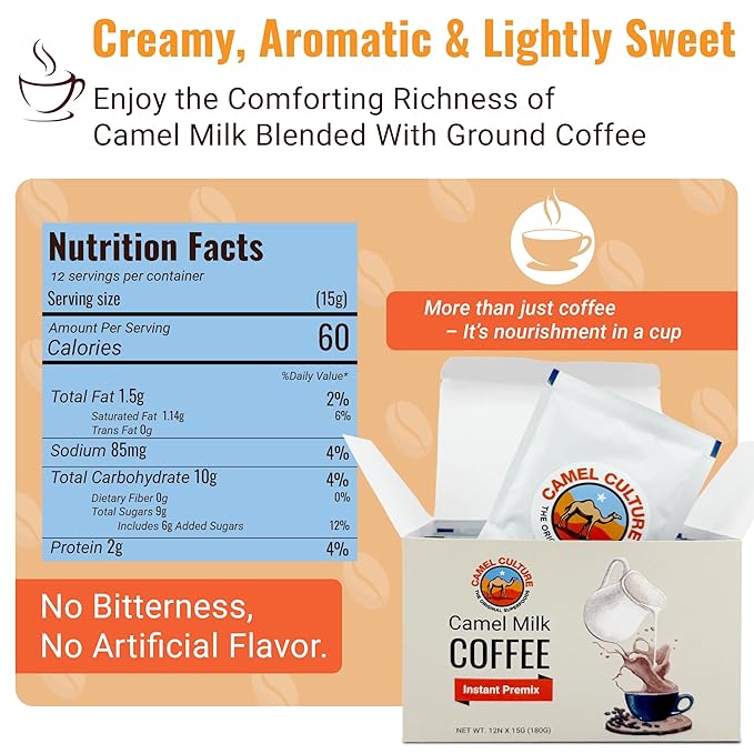 Camel Milk Coffee Instant Premix Sachets - Nutrient Rich - Instant Coffee - 15G x 12 Sachets – Nutrient-Rich Blend & Immune-Boosting Instant Coffee Powder – On-the-Go Convenience & Premium Healthy Beverage
