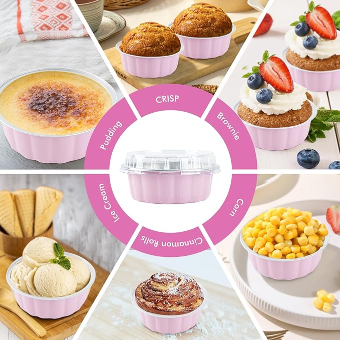 120 Pcs 8.5oz Round Mini Cake Pans with Lids and Spoons, Aluminum Foil Baking Cups, Disposable Ramekins Cupcake Muffin Tins Dessert Containers for Wedding Birthday Party Catering竊늁inkç«?,<div>