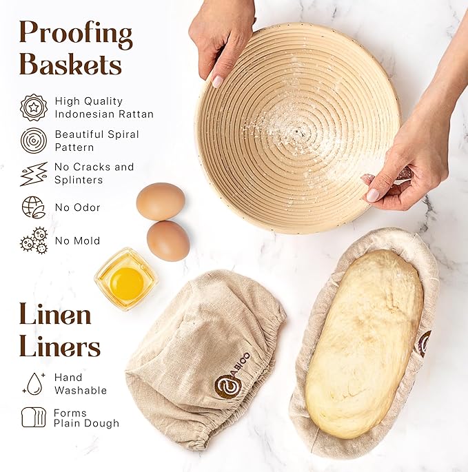Sourdough Kit with Professional Bread Making Tools - A Complete Sourdough Bread Making Kit Including10" Round & 11" Oval Handcrafted Bannetons, Bread Lame, Danish Whisk, Bowl & Dough Scrapers