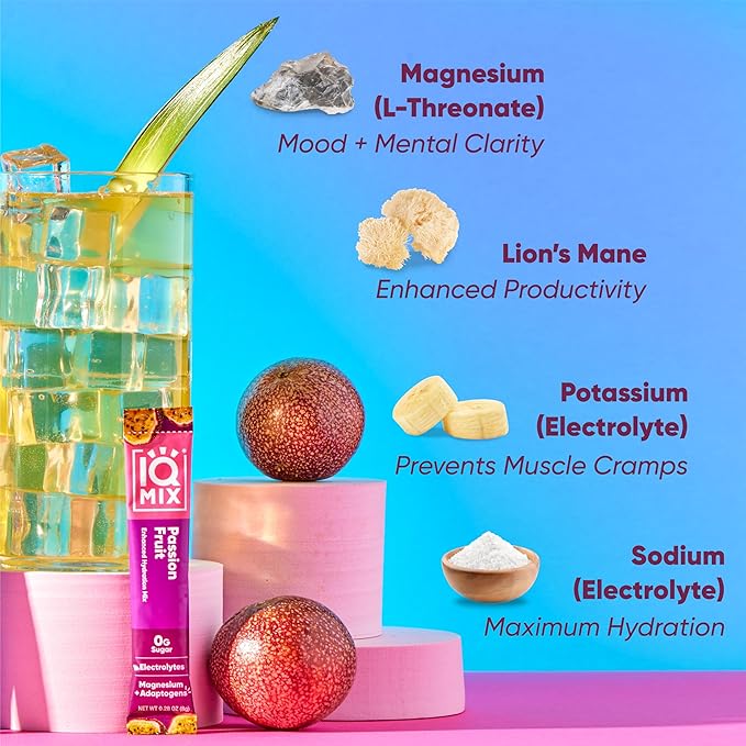 IQMIX Hydration Electrolyte Powder ??4-in-1 Formula for Hydration, Mental Clarity, Mood and Recovery ??Sugar-Free Drink Mix, Keto, Magnesium L-Threonate, Lion?™s Mane ??40 Count Passion Fruit