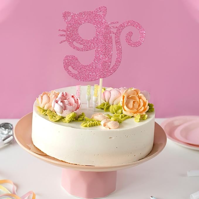 1 Pack Cat Cake Topper 8th Birthday Cake Pick Glitter Cute Pet Cat Cake Decoration for Baby Shower Kids Eight Birthday Wedding Party Cake Decorations Supplies Pink