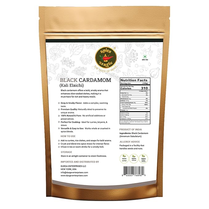 Spice Magic Black Cardamom Pods (Kali Elachi) – Whole Indian Spice 3.5 oz (100 g) | Smoky Aroma | 100% Natural, Non-GMO, Vegan & Gluten-Free | Authentic Indian Origin.