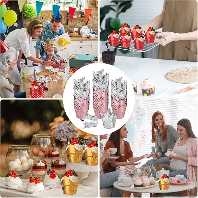 uxcell 100 Pcs Tulip Cupcake Liners, Muffins Liners Aluminum Foil Cupcake Wrappers Baking Cups Muffins Liners for Wedding Birthday Party Supplies, Rose Gold/Silver