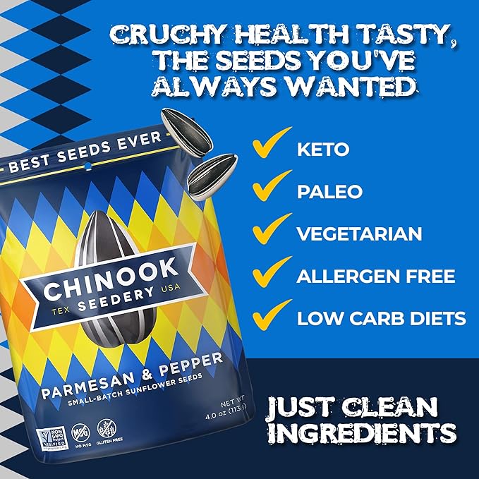 Chinook Seedery Roasted Jumbo Sunflower Seeds - Keto Snacks - Best For Snack Packs - Gluten Free, Non GMO Snack Food Gifts - 4 ounce (Pack of 12) - Parmesan & Pepper Flavor