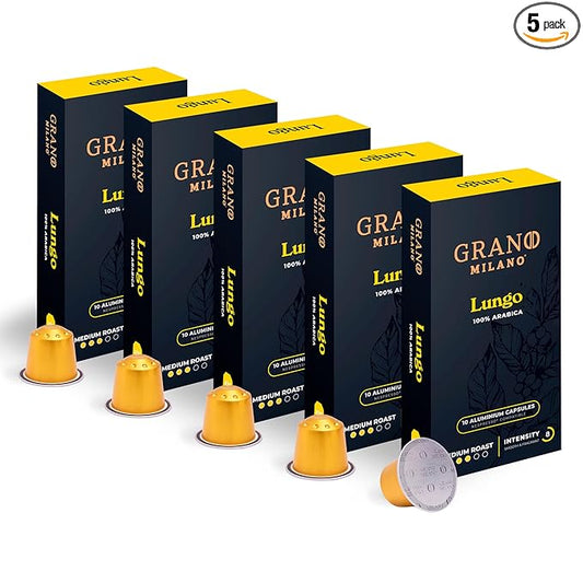 New Grano Milano Lungo Coffee Capsules- 50 Aluminum Coffee Pods Compatible with Nespresso Original line,100% Arabica Medium Roast - Intensity 8/12, Made in Italy